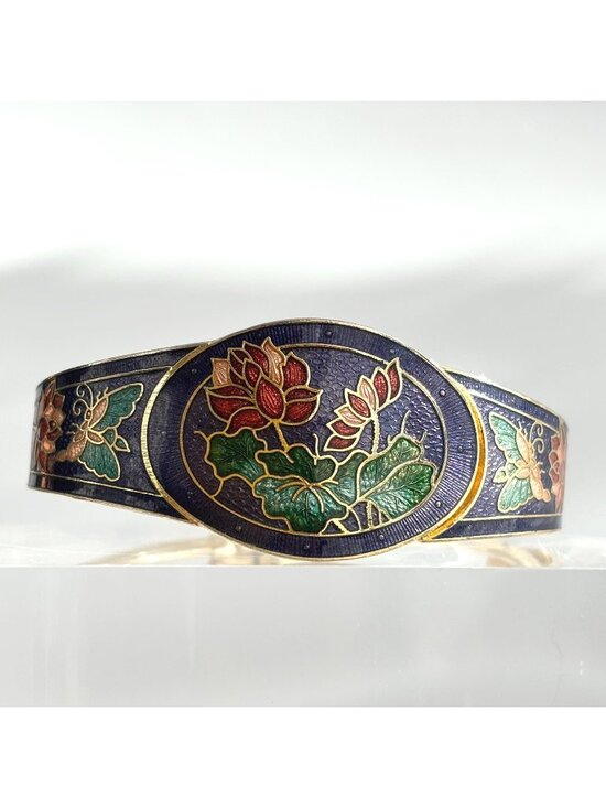 Jewelry - Cloisonne Enamel Floral Gold Toned Chunky Vintage Hinged Bracelet | Bangle